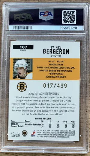 Patrice Bergeron Topp Pristine Rookie /499 PSA 9 back