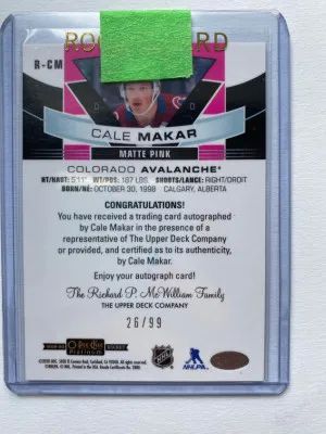 2019 O-Pee-Chee Platinum CALE MAKAR Matte Pink Rookie Auto RC /99 back
