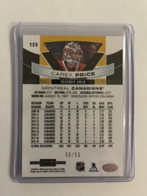 2019-20 OPC Platinum Carey Price Seismic Gold #50/50 back