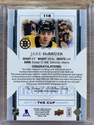 2017-18 The Cup Jake Debrusk Rookie Patch Auto /249 back