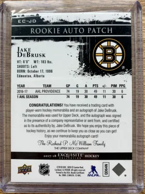 2017-18 Exquisite Collection Jake Debrusk Rookie Patch Auto /74 back