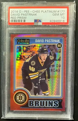 David Pastrnak 2014-15 O Pee Chee Platinum Red Prism Rookie PSA 10 Pop 4 038/135 front
