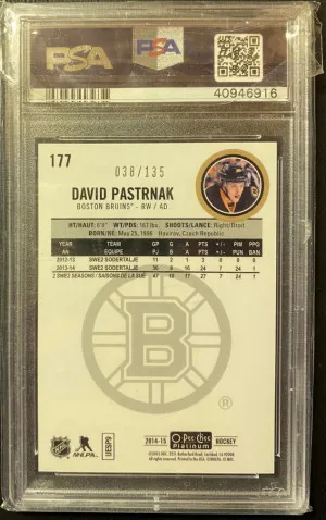 David Pastrnak 2014-15 O Pee Chee Platinum Red Prism Rookie PSA 10 Pop 4 038/135 back