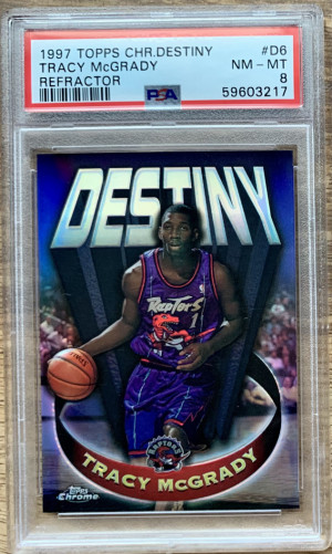 1997-98 Topps Chrome Destiny Refractor Tracy McGrady #D6 PSA 8 Rookie RC HOF front