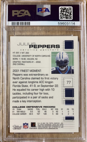 2002 Topps Finest Julius Peppers Rookie PSA 9 back