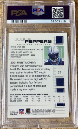 2002 Topps Finest Julius Peppers Rookie PSA 9 back