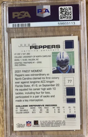 2002 Topps Finest Julius Peppers Rookie PSA 8 back