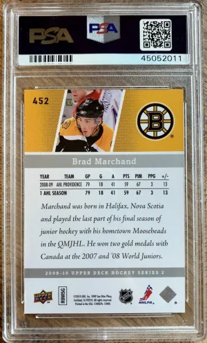2009 Upper Deck Brad Marchand Young Guns PSA 10 back