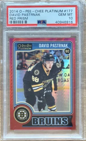 2014 OPC Platinum David Pastrnak Rookie Red Prism /135 PSA 10 front