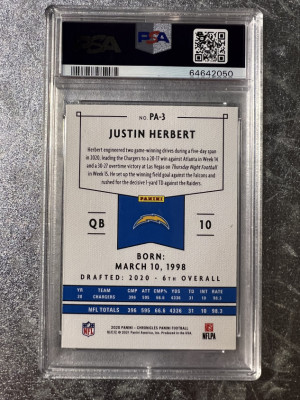 2020 Panini Chronicles PA-3 Justin Herbert RC PSA 10 back