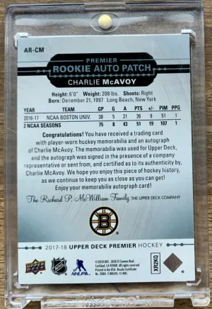 2017-17 Upper Deck Premier Charlie McAvoy RPA 23/25 back
