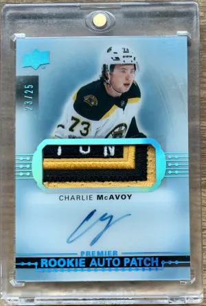 2017-17 Upper Deck Premier Charlie McAvoy RPA 23/25 front
