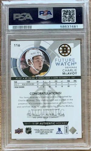 2017-18 SP Authentic Charlie McAvoy Future Watch Auto /999 PSA 10 back