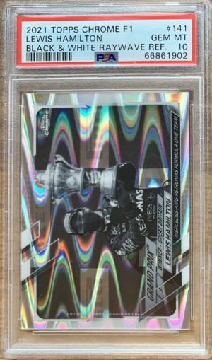 2021 Topps Chrome Formula 1 #141 Lewis Hamilton Black & White Raywave Refractor PSA 10 front