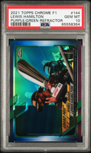 2021 Topps Chrome Formula 1 F1 Purple/Green Refractor #144 LEWIS HAMILTON PSA 10 front