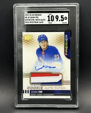 2019 Upper Deck Premier Adam Fox Acetate RPA Gold Spectrum /49 SGC 9.5 Auto 10 front