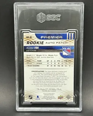 2019 Upper Deck Premier Adam Fox Acetate RPA Gold Spectrum /49 SGC 9.5 Auto 10 back