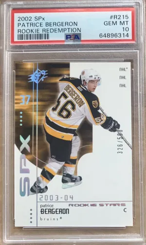 2002 SPx Patrice Bergeron Rookie Redemption/500 PSA 10 front