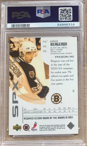 2002 SPx Patrice Bergeron Rookie Redemption/500 PSA 10 back