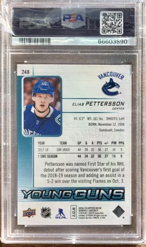2018 Upper Deck Hockey Young Guns #248 Elias Pettersson RC Rookie PSA 10 back