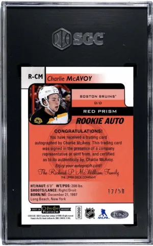 2017-18 O-Pee-Chee Platinum Charlie McAvoy Red Prism /50 Rookie Auto SGC 9.5 RC back