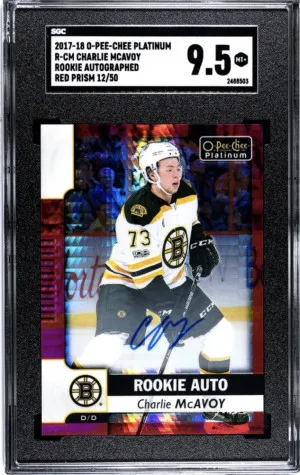 2017-18 O-Pee-Chee Platinum Charlie McAvoy Red Prism /50 Rookie Auto SGC 9.5 RC front