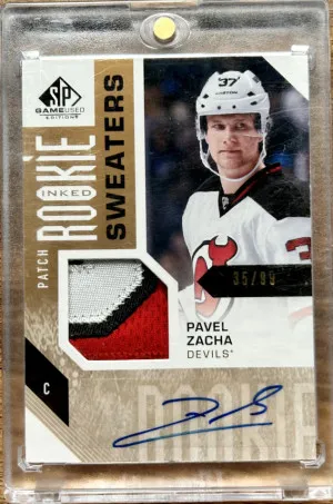 2016 SP Game Used Inked Sweaters /99 Pavel Zacha Rookie Patch Auto RC front