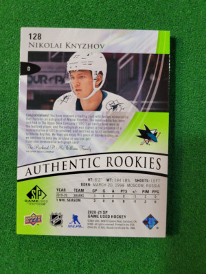 2020-21 SP Game Used Authentic Rookies Auto Tag 1/3 Nikolai Knyzhov back