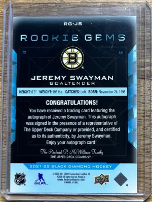 Jeremy Swayman 2021-22 Upper Deck Black Diamond Rookie Gems RC Auto /199 #RG-JS back