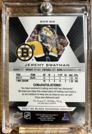 2021-22 Black Diamond Jeremy Swayman Red Diamond Relic Rookies 39/49 BDR-SW! back