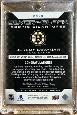 Jeremy Swayman Black Diamond Rookie Auto /99 Silver on Black back