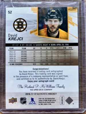 2016-17 SP Authentic David Krejci Spectrum On Card Auto back