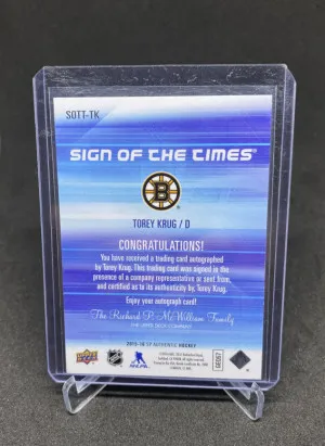 2015-16 Upper Deck SP Authentic Torey Krug Sign Of  The Times On Card Auto back