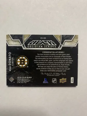 2018-19 SPx UD Black Obsidian Material Scripts 17/49 Ryan Donato Rookie Auto RC back