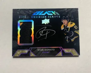 2018-19 SPx UD Black Obsidian Material Scripts 17/49 Ryan Donato Rookie Auto RC front