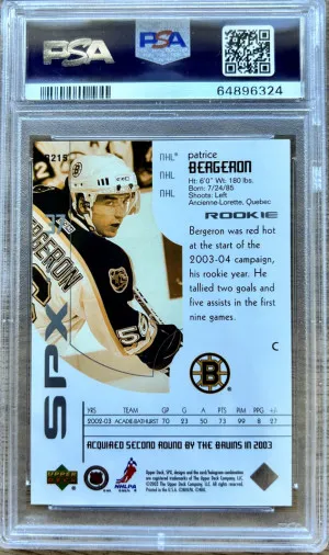 2002 SPx ROOKIE REDEMPTION #R215 PATRICE BERGERON RC #/500 PSA 10 back