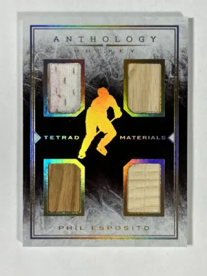 2014-15 Panini Anthology Hockey Tetrad Materials /49 Phil Esposito Game-Used (1xJersey 3xStick) #TM-36 front