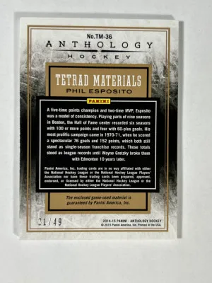 2014-15 Panini Anthology Hockey Tetrad Materials /49 Phil Esposito Game-Used (1xJersey 3xStick) #TM-36 back