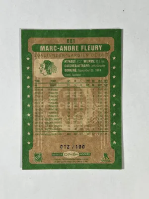 2021 O-Pee-Chee Retro Black Border /100 Marc-Andre Fleury #601 back