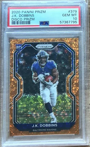 2020 Panini Prizm Orange Disco Prizm JK Dobbins Rc #379 PSA 10 front