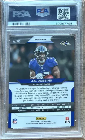 2020 Panini Prizm Orange Disco Prizm JK Dobbins Rc #379 PSA 10 back