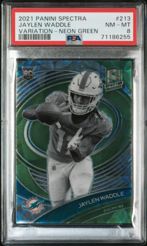 2021 Panini Spectra Jaylen Waddle Variation - Neon Green Rookie RC /35 PSA 8 front