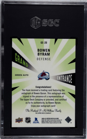 2020-21 Upper Deck Allure Bowen Byram Grand Entrance Green Auto SGC 10 / 10 back