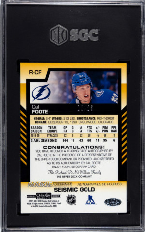2020-21 O-Pee-Chee Platinum Seismic Gold /25 Cal Foote #R-CF Rookie Auto RC back