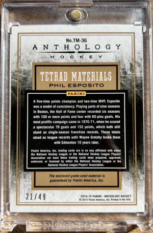 2014-15 Panini Anthology Hockey Tetrad Materials /49 Phil Esposito Game-Used (1xJersey 3xStick) back