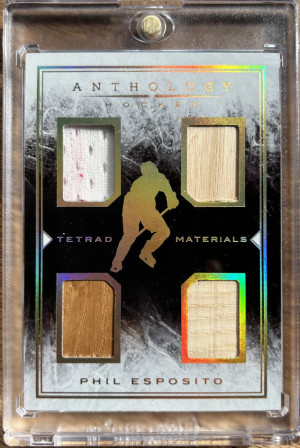2014-15 Panini Anthology Hockey Tetrad Materials /49 Phil Esposito Game-Used (1xJersey 3xStick) front