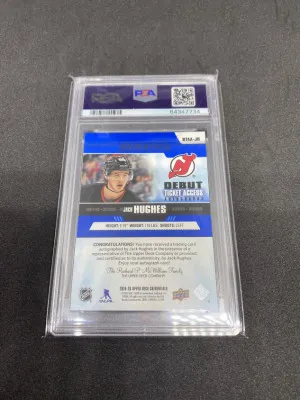 2020-21 Upper Deck Credentials Jack Hughes Blue Debut Access Ticket Autographs /299 PSA 9 back