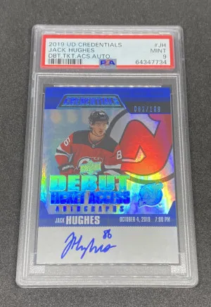 2020-21 Upper Deck Credentials Jack Hughes Blue Debut Access Ticket Autographs /299 PSA 9 front