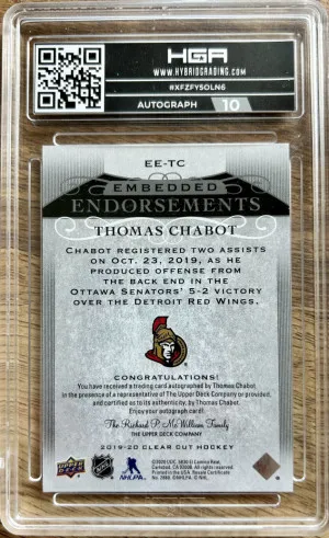 2019-20 UD Clear Cut Embedded Endorsements /99 Thomas Chabot #EE-TC Auto HGA 10 back