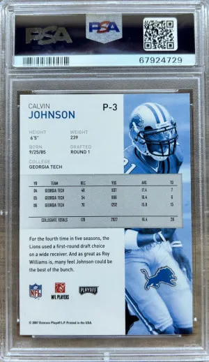 2007 PLAYOFF NFL PLAYOFFS PREVIEW #P-3 CALVIN JOHNSON RC HOF PSA 10 back